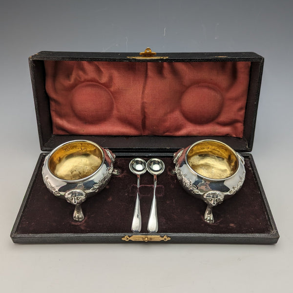 Around 1900 British antique silver plate salt dish & spoon pair in case